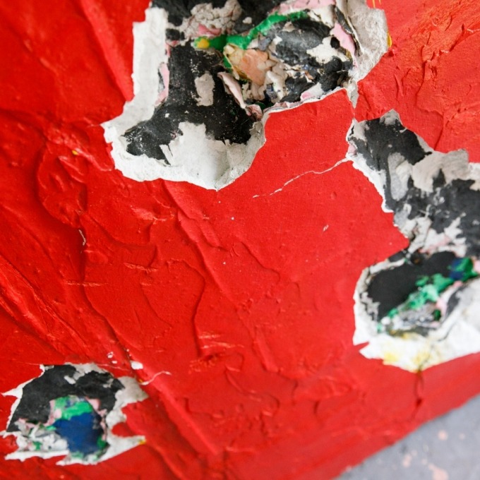Wave no. 11 - RedBang (2020) - plaster, concrete, acrylic, spray, pigment, scratches and destruction on canvas, 97 x 57 x 5 cm - 1900 EUR